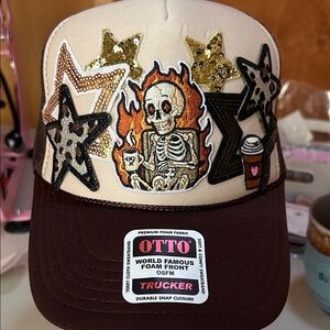 Brown and Cream Skeleton Star Trucker Hat